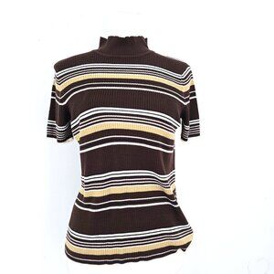 Vintage 90s Y2K Brown White Ribbed Knit Trtle Neck Top Women's Size Petite Large